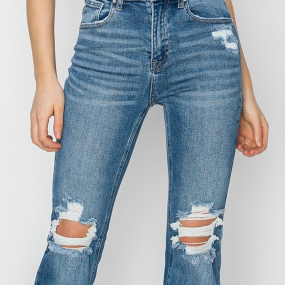 RISEN High-Rise Straight Leg Distressed Ankle Frayed Raw Hem Jeans Denim Pants - Picture 15 of 16